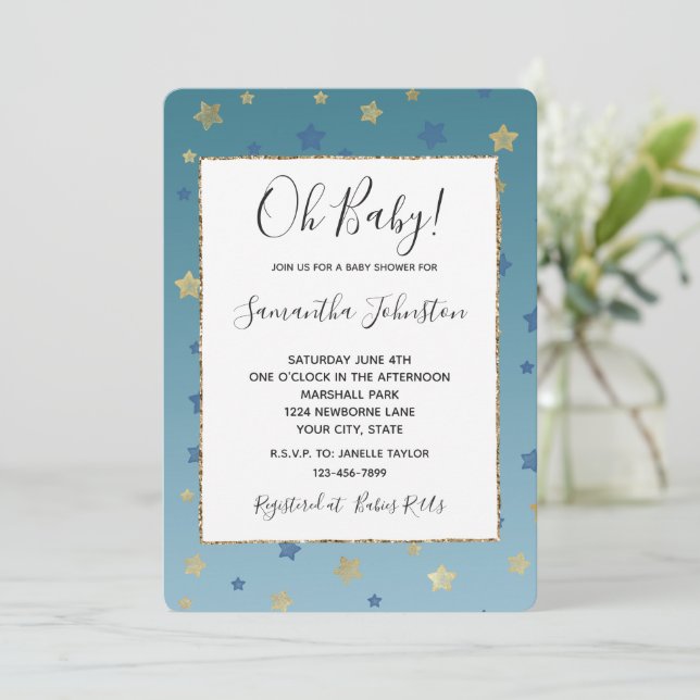 Blue Gold Stars Aqua Baby Dusche Einladung (Stehend Vorderseite)