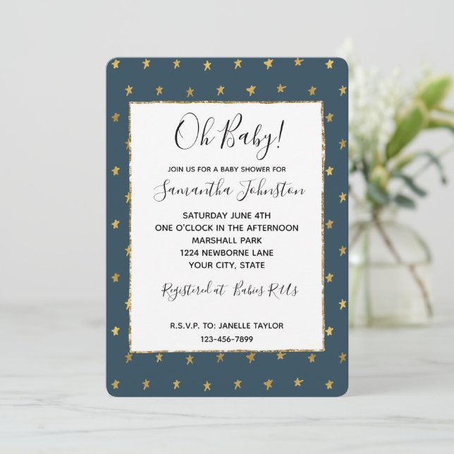Blue Gold Stars Baby Dusche Einladung (Stehend Vorderseite)