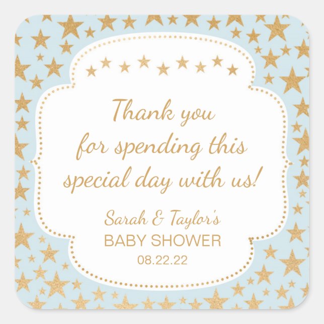 Blue Gold Stars Boy Baby Dusche Gefallen Taschenau Quadratischer Aufkleber (Vorderseite)