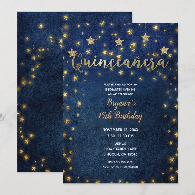 Blue & Gold Stars Celestial Sky Quinceañera Party Einladung (Vorne/Hinten)