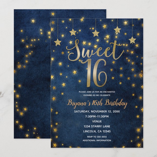 Blue & Gold Stars Celestial Sky Sweet 16 Party Einladung (Vorne/Hinten)