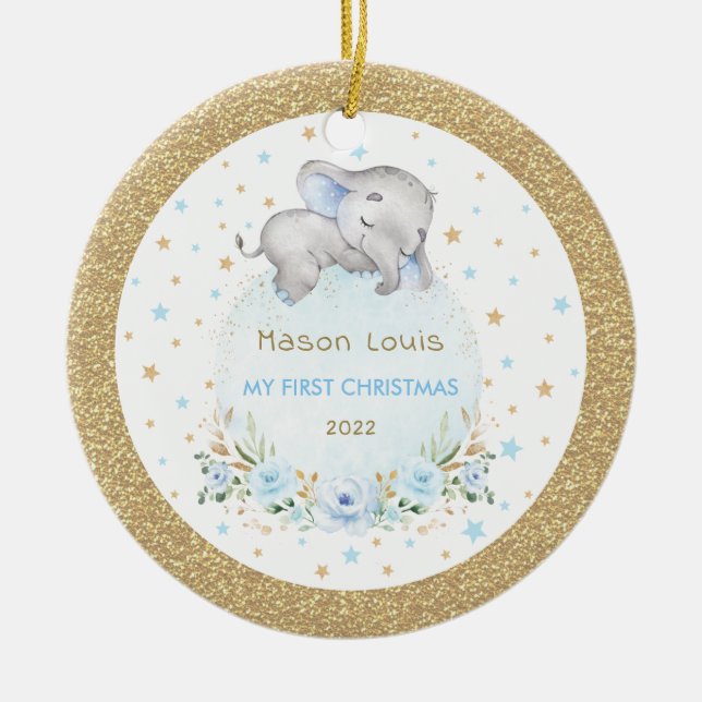 Blue Gold Stars Elephant Baby Erste 1. Weihnachtsf Keramik Ornament (Vorne)