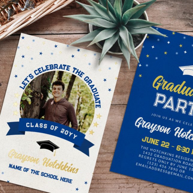 Blue Gold Stars feiern das Graduate Foto Folieneinladung (Von Creator hochgeladen)