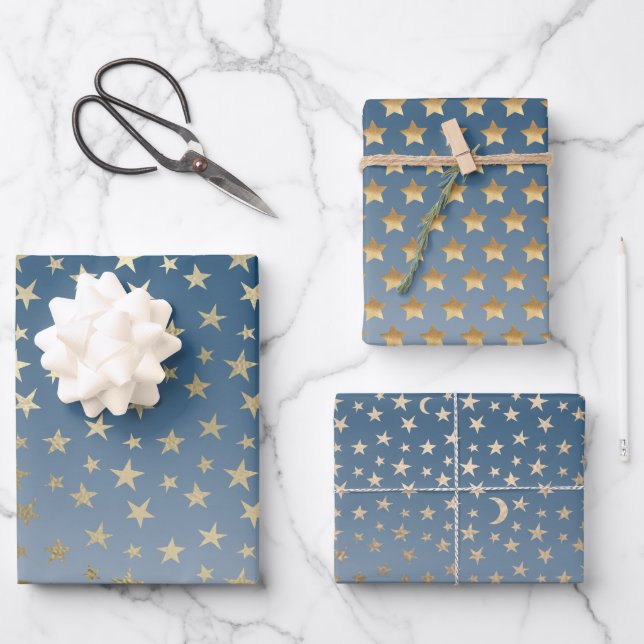 Blue Gold Stars Geschenkpapier Set (Vorderseite)