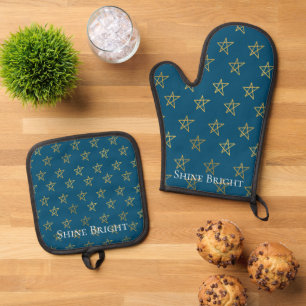 Blue Gold Stars Shine Bright Ofenhandschuh & Topflappen-Set