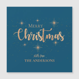 Blue Gold Stars Typografie Name Frohe Weihnachten Magnetkarte