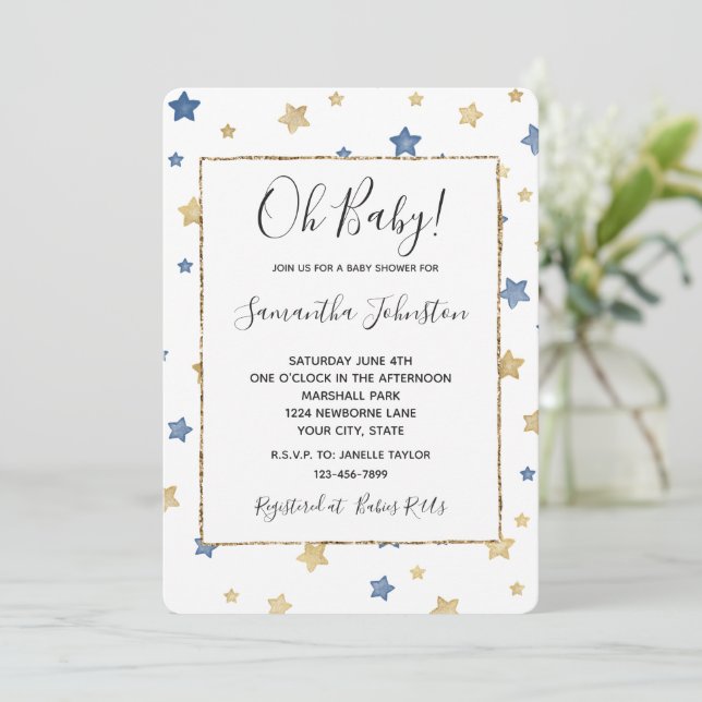 Blue Gold Stars White Baby Dusche Einladung (Stehend Vorderseite)