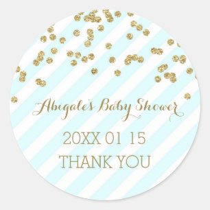 Blue Gold Stripes Baby Dusche Gefälligkeitsaufkleb Runder Aufkleber