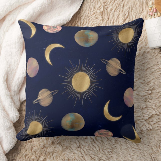 Blue Gold Sun Moon Planets Space Illustration Kissen (Decke)