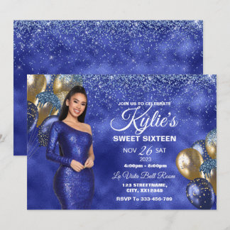Blue & Gold Sweet 16 Girl Birthday Einladung