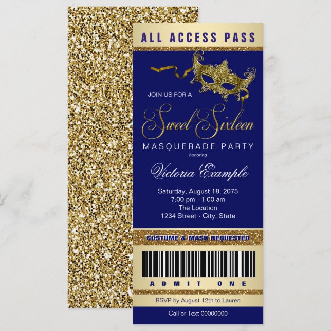 Blue Gold Sweet 16 Masquerade Party Ticket Einladung (Vorne/Hinten)