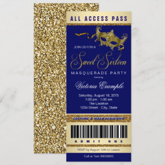 Blue Gold Sweet 16 Masquerade Party Ticket Einladung