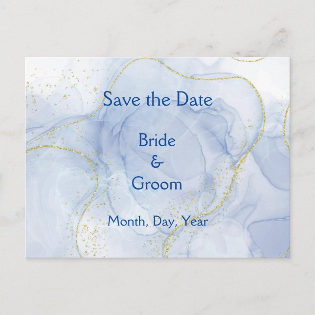 Blue Gold Swirl Save the Date Wedding Invites Ankündigungspostkarte (Vorderseite)