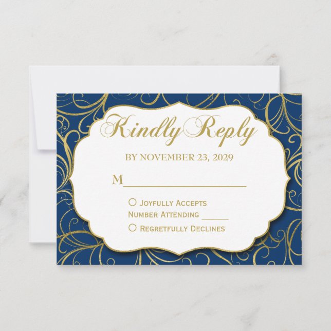 Blue Gold Swirl UAWG Wedding Response Card RSVP Karte (Vorderseite)