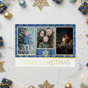 Blue & Gold Tartan Kariert Frohe Weihnachtszeit Fo Folien Feiertagskarte