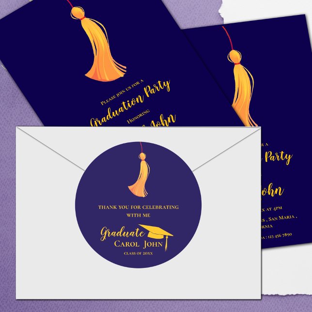 Blue Gold Tassel 2025 Abschluss Vielen Dank Runder Aufkleber (Blue Gold Tassel 2025 Graduation Thank you Classic Round Sticker)