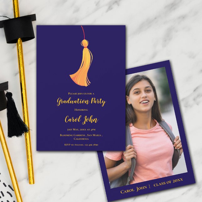 Blue Gold Tassel Niedlich Foto 2025 Graduation Par Einladung (Blue Gold Tassel Cute Photo 2025 Graduation Party Invitation)