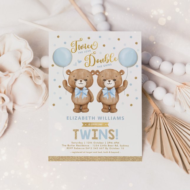 Blue Gold Teddy Bear Ballon Twin Boys Baby Dusche Einladung (Von Creator hochgeladen)