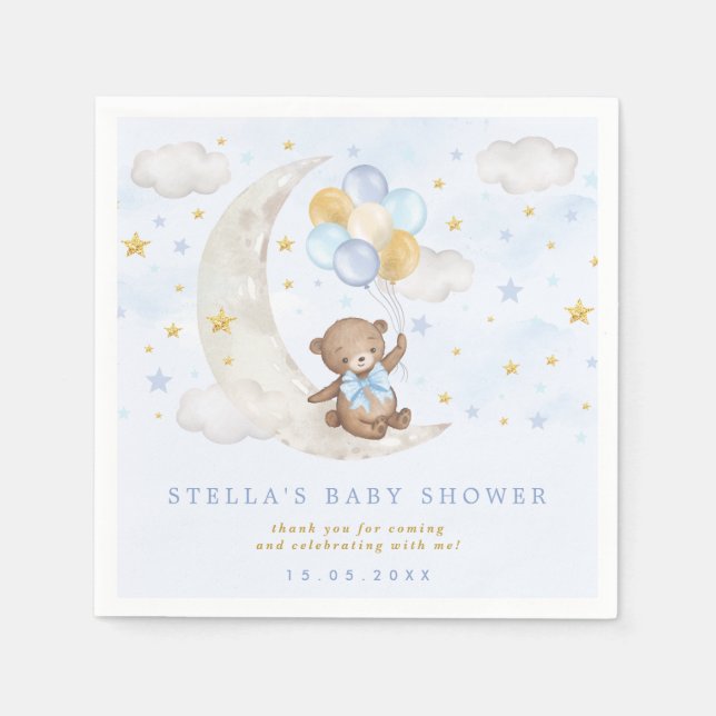 Blue Gold Teddy Bear Balloons Moon Stars Party Serviette (Vorderseite)