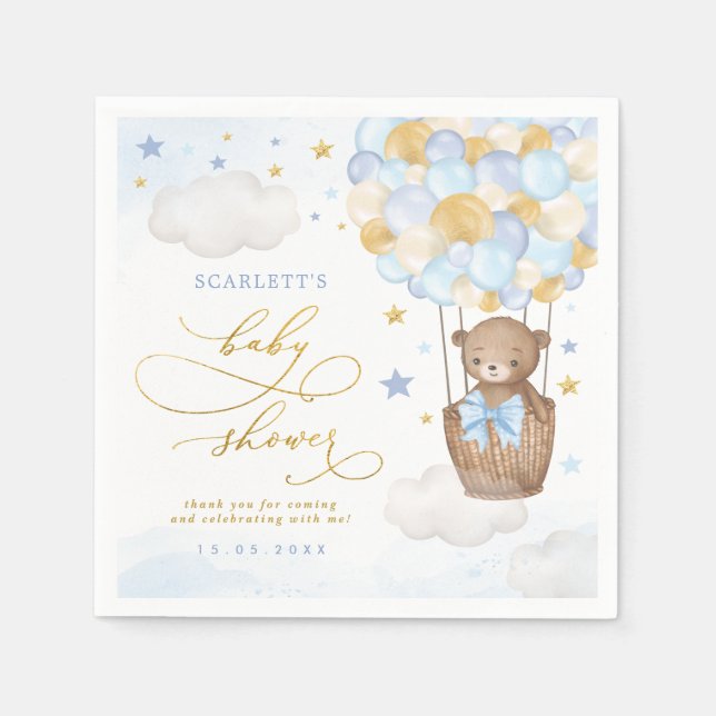 Blue Gold Teddy Bear Hot Air Ballon Baby Boy Serviette (Vorderseite)