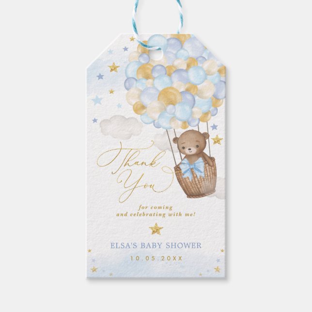 Blue Gold Teddy Bear Hot Air Ballon Wolken Sterne Geschenkanhänger (Vorderseite)