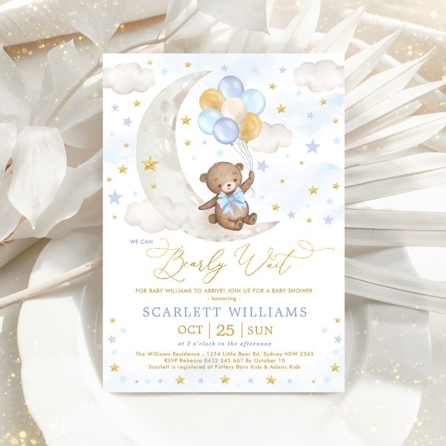 Blue Gold Teddy Bear Moon Stars Baby Boy Dusche Einladung (Von Creator hochgeladen)