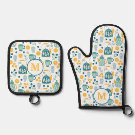 Blue Gold Tee Time Muster Monogram Ofenhandschuh & Topflappen-Set