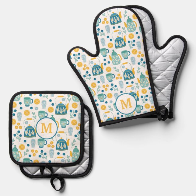 Blue Gold Tee Time Muster Monogram Ofenhandschuh & Topflappen-Set (Vorderseite/Rückseite)