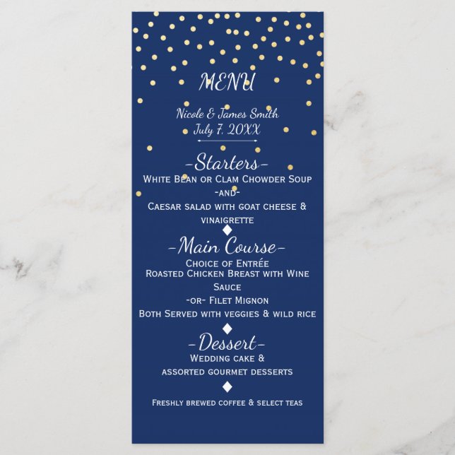 Blue & Gold Tiny Confetti Wedding Menu Card Menükarte (Vorderseite)