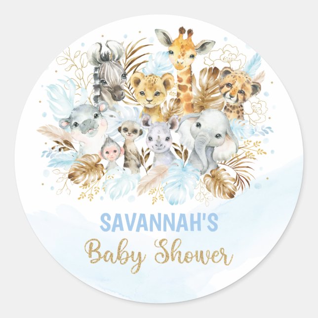 Blue Gold Tropical Boho Safari Animals Baby Dusche Runder Aufkleber (Vorderseite)