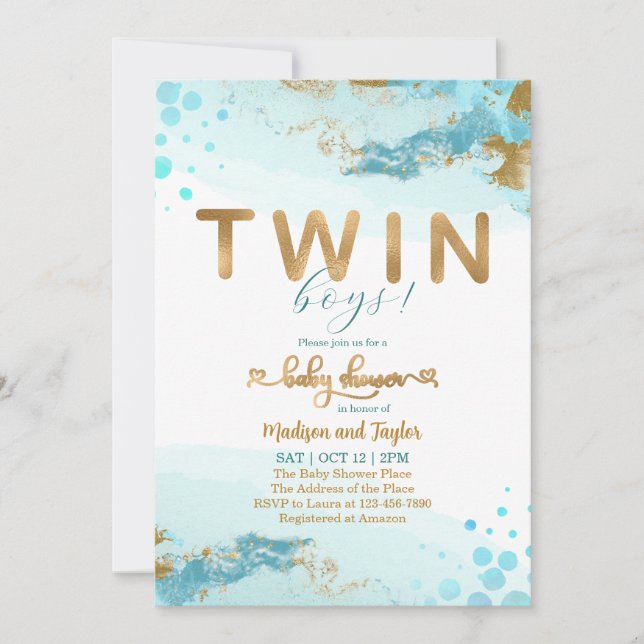 Blue Gold Twin Boy Baby Shower Einladung (Vorderseite)