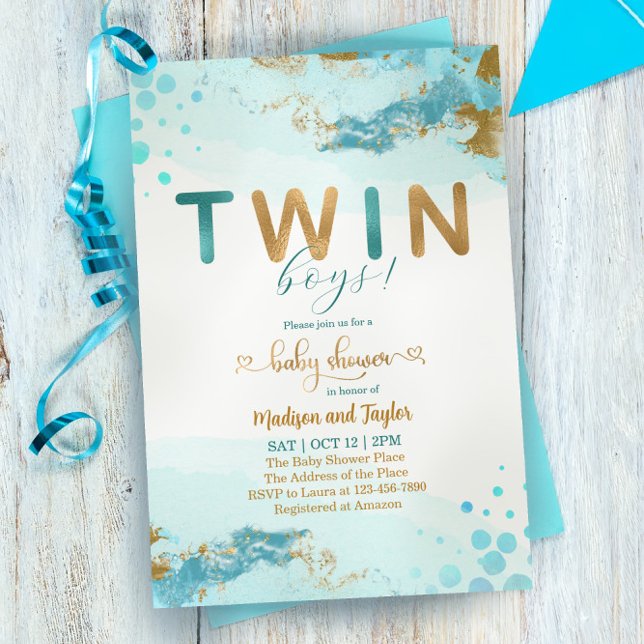 Blue Gold Twin Boy Baby Shower Einladung (Von Creator hochgeladen)