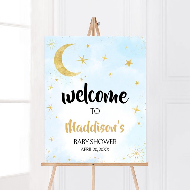 Blue Gold über dem Mond Baby Dusche Empfang Poster (Moon and Stars Baby Shower Welcome Sign)