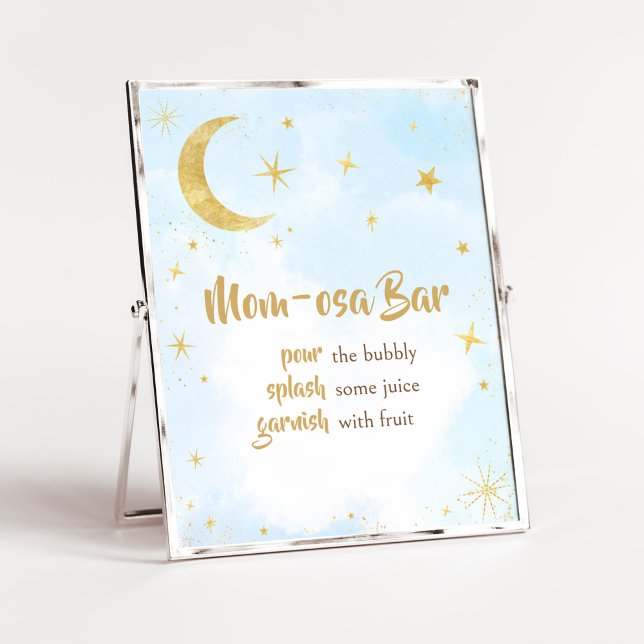 Blue Gold über dem Mond Baby Dusche Mama Osa Bar Poster (Moon and Stars Baby Shower Mom Osa Bar Sign)