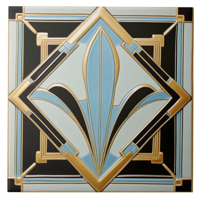 Blue Gold und Black Art Deco Keramik Tile. Fliese (Vorderseite)
