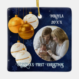 Blue, Gold und White Grandmas Erste Weihnachten Keramikornament