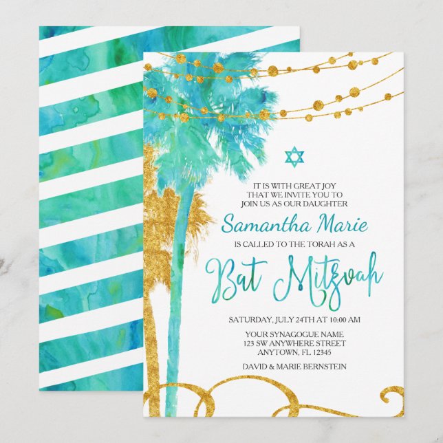 Blue Gold Watercolor Beach Bat mitzvah Invitations (Devant / Derrière)