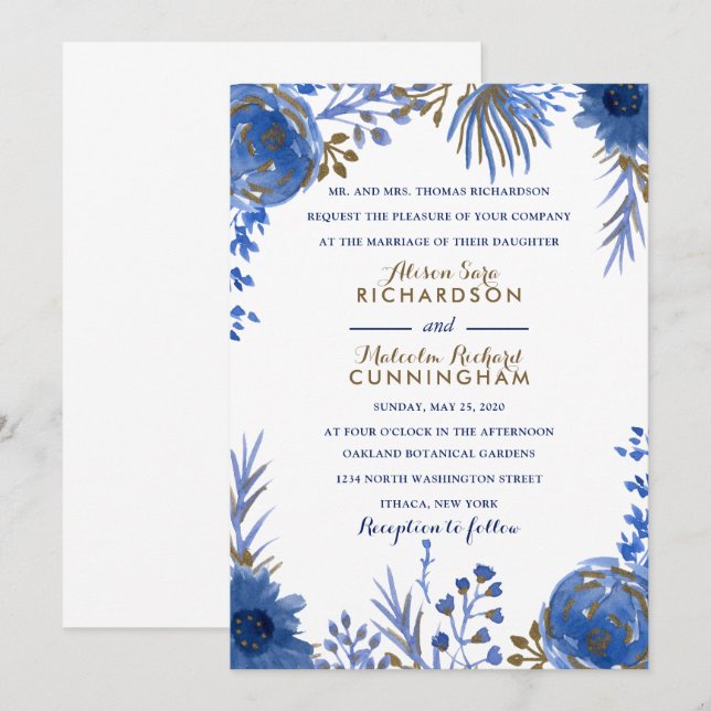 Blue Gold Watercolor Blume Hochzeit Einladung (Vorne/Hinten)