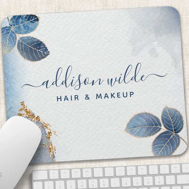 Blue Gold Watercolor Botanische Blätter Abstrakt Mousepad (Von Creator hochgeladen)