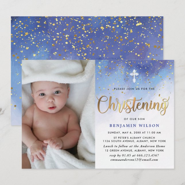 Blue & Gold Watercolor Boy Christening Einladung (Vorne/Hinten)