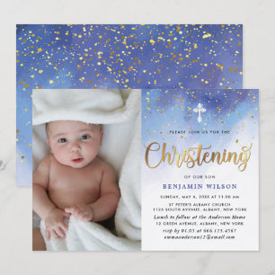 Blue & Gold Watercolor Boy Christening Einladung