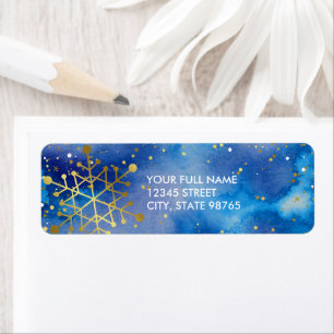 Blue Gold Watercolor Snowflake Rücksendeadresse