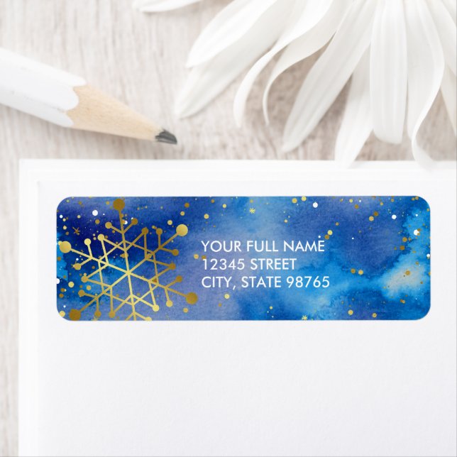 Blue Gold Watercolor Snowflake Rücksendeadresse (Insitu)