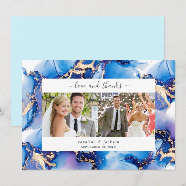 Blue Gold Watercolor Wedding Foto Danke Karte (Vorne/Hinten)