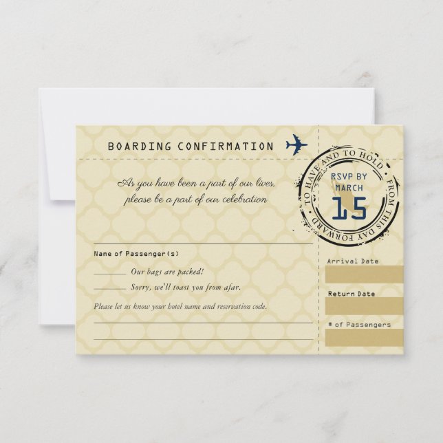 Blue Gold Wedding RSVP Boarding Pass nach Mexiko (Vorderseite)