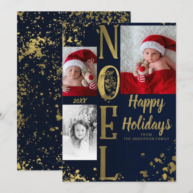 Blue & Gold WEIHNACHTEN Holiday Spritzer Foto Einladung (Vorne/Hinten)