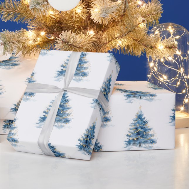 Blue Gold Weihnachtsbaumen Geschenkpapier (Feiertage)