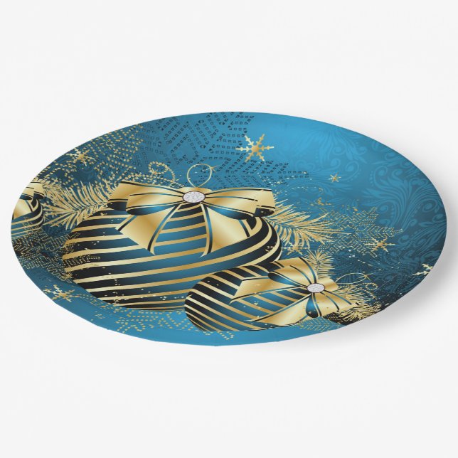 Blue Gold Weihnachtspapierplatte Pappteller (Schrägansicht)