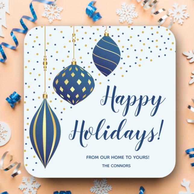 Blue Gold Weihnachtsschmuck und Dots Holiday Quadratischer Aufkleber (Von Creator hochgeladen)