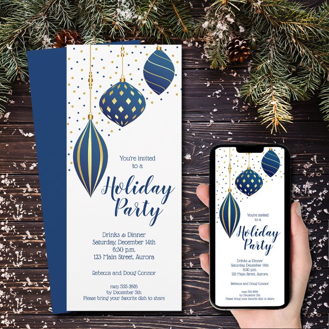 Blue Gold Weihnachtsschmuck Urlaub Einladung (Blue and gold Christmas tree ornaments holiday party invitations)